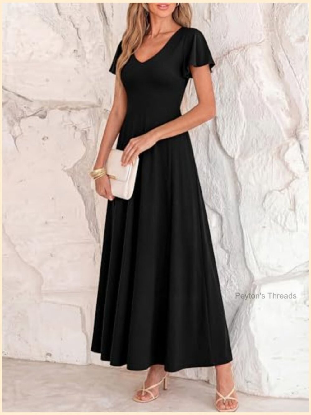 V Neck Ruffle Sleeve A Line Maxi Formal Wedding Guest Dress - Picture 5 of 7